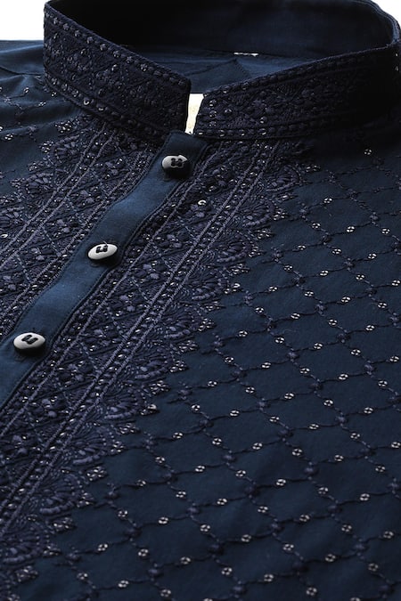Sayisha_Navy Cotton Sequins, Embroidery Blue Checked Kurta _Online_at_Aza_Fashions
