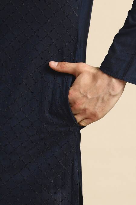 Buy_Sayisha_Navy Cotton Sequins, Embroidery Blue Checked Kurta _Online_at_Aza_Fashions