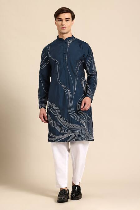 Sayisha_Navy Silk, Crepe Embroidery Abstract Kurta _at_Aza_Fashions