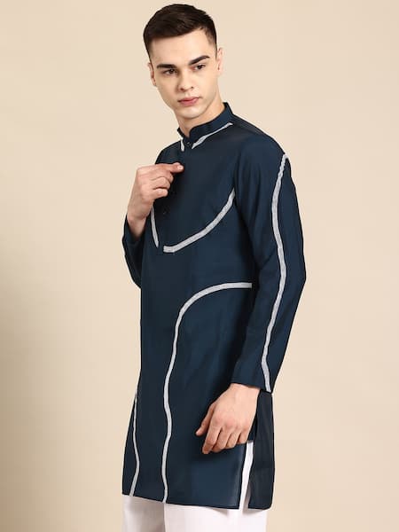 Shop_Sayisha_Navy Silk, Crepe Embroidery Abstract Kurta _Online_at_Aza_Fashions