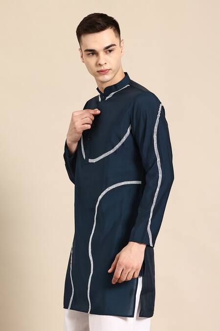 Sayisha_Navy Silk, Crepe Embroidery Kurta _at_Aza_Fashions