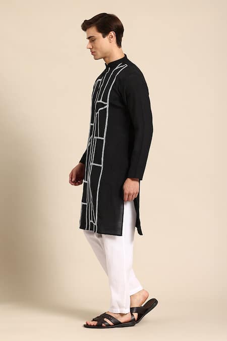 Buy_Sayisha_Navy Crepe, Silk Embroidery, Metallic Thread Abstract Kurta _Online_at_Aza_Fashions