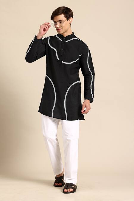 Sayisha_Black Silk, Crepe Embroidery Abstract Kantha Kurta _Online_at_Aza_Fashions