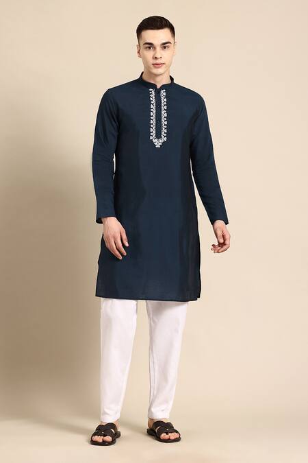 Sayisha_Navy Silk, Crepe Embroidery Abstract Kantha Kurta _Online_at_Aza_Fashions