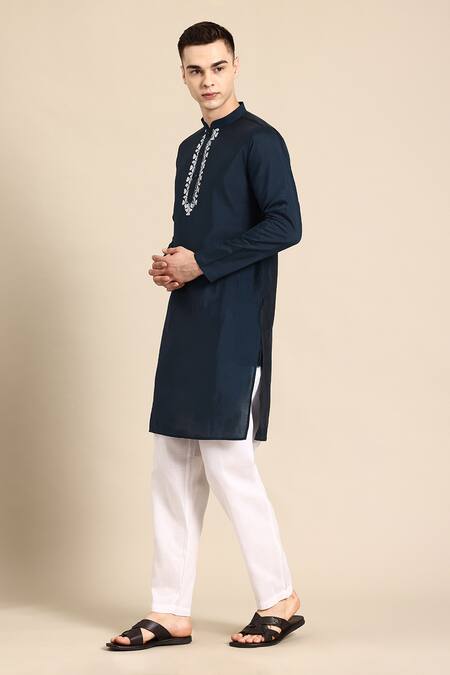 Buy_Sayisha_Navy Silk, Crepe Embroidery Abstract Kantha Kurta _Online_at_Aza_Fashions