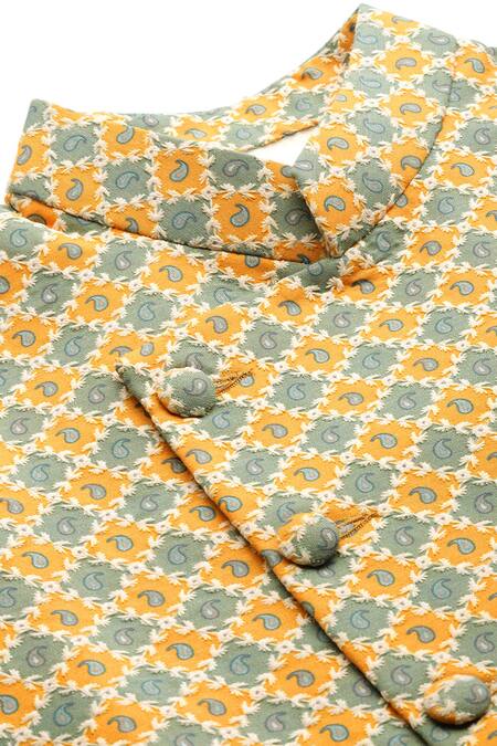 Buy_Sayisha_Yellow Silk Printed Woven Nehru Jacket _Online_at_Aza_Fashions