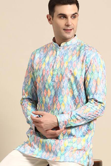 Sayisha_Blue Cotton Geometric Self Design Pure Kurta _Online_at_Aza_Fashions