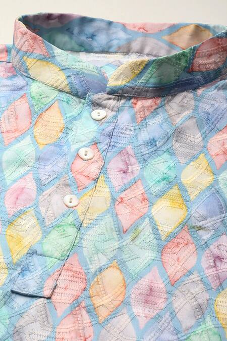 Shop_Sayisha_Blue Cotton Geometric Self Design Pure Kurta _Online_at_Aza_Fashions