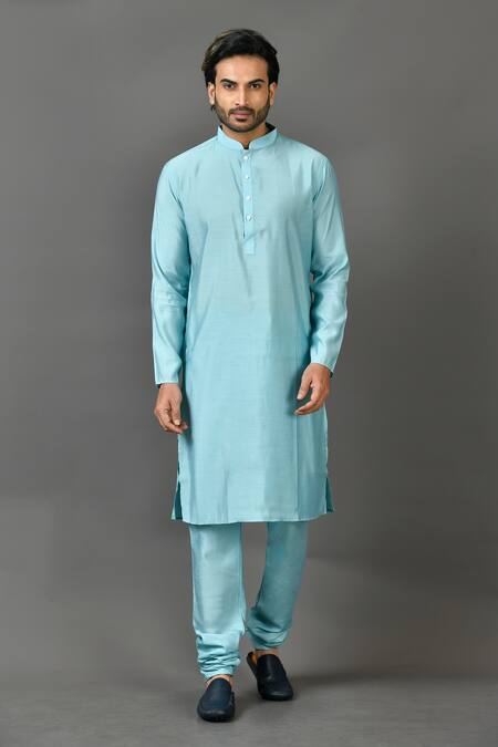 Sayisha_Sky Blue Silk Solid Long Kurta _Online_at_Aza_Fashions