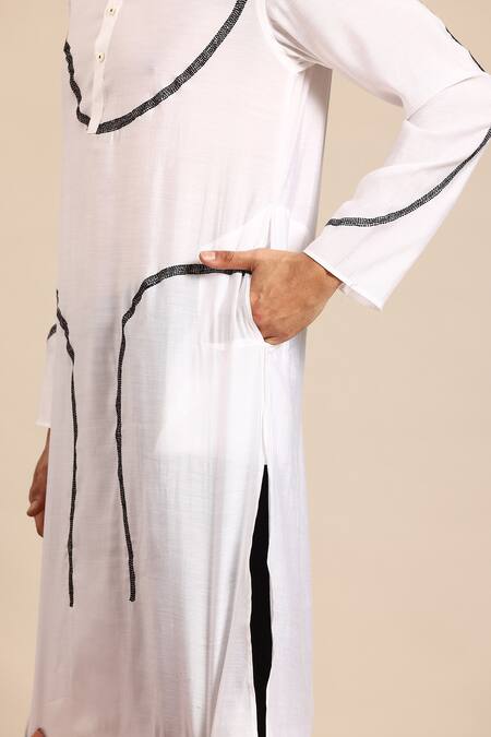 Shop_Sayisha_White Cotton Embroidery, Metallic Thread Abstract Kurta _Online_at_Aza_Fashions