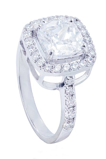 Prata White Diamonds, Crystals Cushion Halo Solitaire Ring Online at Aza Fashions Prata_White Diamonds, Crystals Cushion Halo Solitaire Ring _Online_at_Aza_Fashions