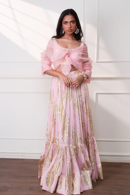 Style Junkiie_Pink Organza Rhinestones Collared Petal Blush Sheer Shirt _Online_at_Aza_Fashions