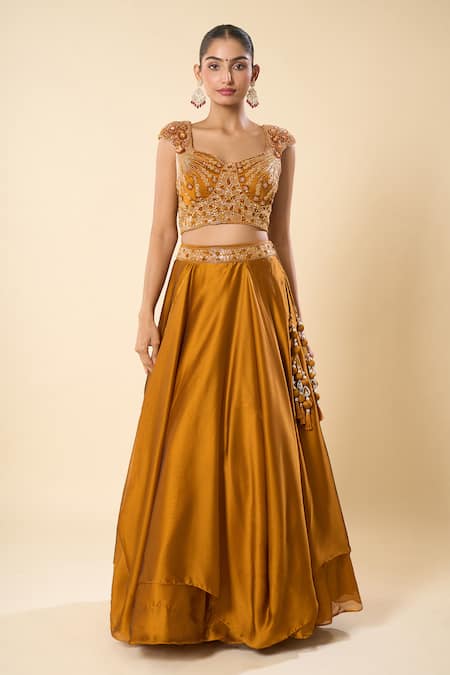 Samyukta Singhania_Gold Silk, Georgette, Taffeta Embroidery, Beads, Hand Blouse Lehenga Set _Online_at_Aza_Fashions