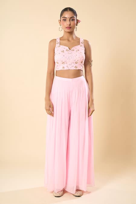 Samyukta Singhania_Pink Georgette Sequins, Beads Sweetheart Hand Embroidered Blouse Palazzo Set _Online_at_Aza_Fashions