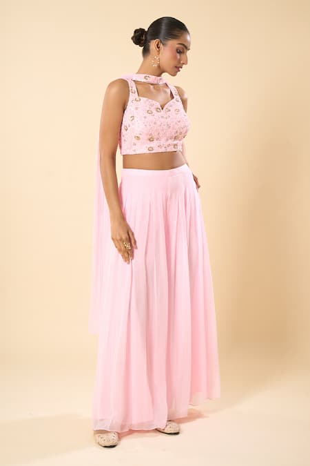 Samyukta Singhania_Pink Georgette Sequins, Beads Sweetheart Hand Embroidered Blouse Palazzo Set _at_Aza_Fashions