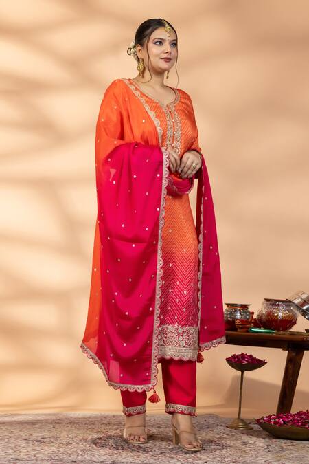 Mamicha_Orange Chiffon Embroidery, Sequins, Zari V-neck Ombre Kurta Set _Online_at_Aza_Fashions
