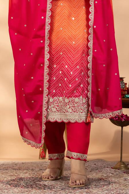 Shop_Mamicha_Orange Chiffon Embroidery, Sequins, Zari V-neck Ombre Kurta Set _Online_at_Aza_Fashions