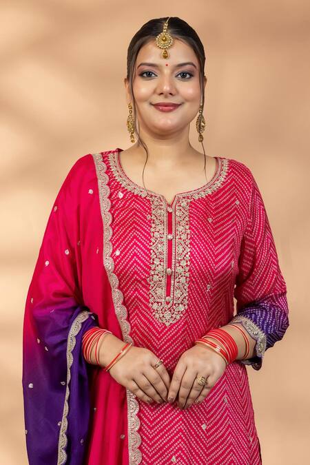 Mamicha_Magenta Chiffon Embroidery, Zari, Gota Patti Round Neck Ombre Chevron Kurta Set  _Online_at_Aza_Fashions