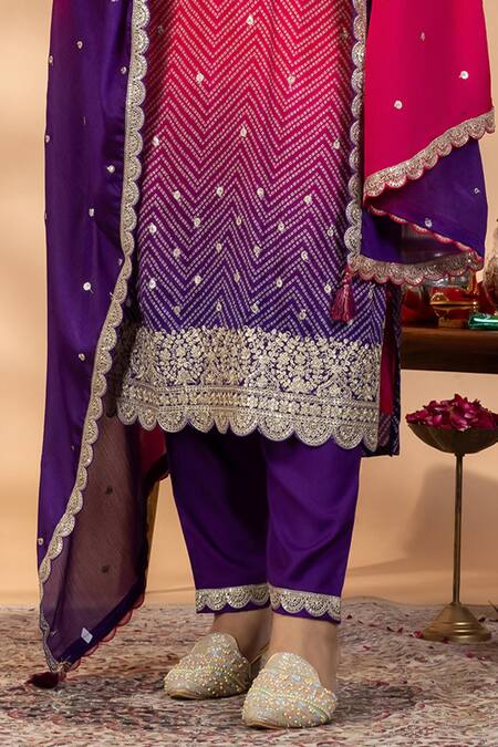 Buy_Mamicha_Magenta Chiffon Embroidery, Zari, Gota Patti Round Neck Ombre Chevron Kurta Set  _Online_at_Aza_Fashions