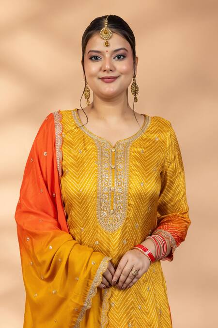 Mamicha_Yellow Chiffon Embroidery, Sequins, Gota Patti Round Ombre Chevron Kurta Set  _Online_at_Aza_Fashions