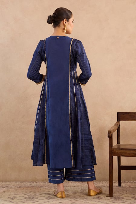 Shop Nero India Navy Chanderi , Embroidery, Zari Round Lotus Anarkali And Pant Set at Aza Fashions Shop_Nero India_Navy Chanderi , Embroidery, Zari Round Lotus Anarkali And Pant Set _at_Aza_Fashions