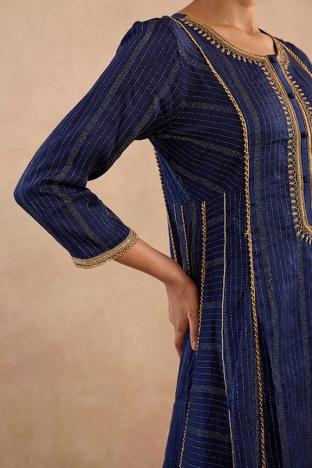 Shop Nero India Navy Chanderi , Embroidery, Zari Round Lotus Anarkali And Pant Set Online at Aza Fashions Shop_Nero India_Navy Chanderi , Embroidery, Zari Round Lotus Anarkali And Pant Set _Online_at_Aza_Fashions