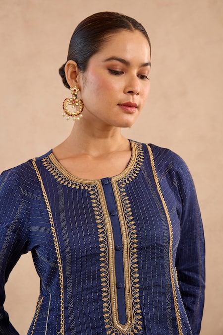 Nero India Navy Chanderi , Embroidery, Zari Round Lotus Anarkali And Pant Set at Aza Fashions Nero India_Navy Chanderi , Embroidery, Zari Round Lotus Anarkali And Pant Set _at_Aza_Fashions