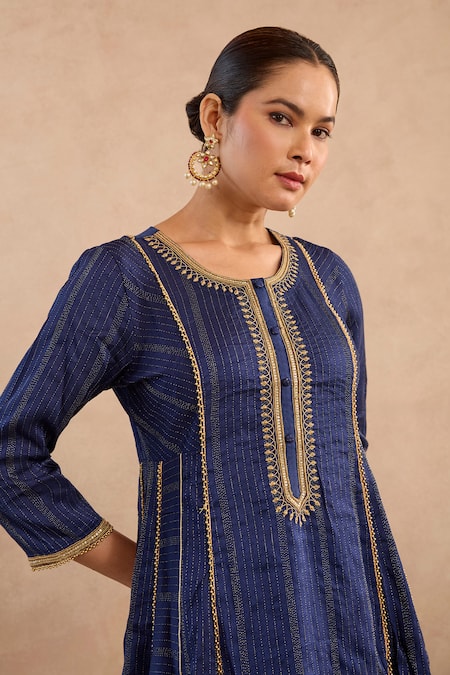 Buy Nero India Navy Chanderi , Embroidery, Zari Round Lotus Anarkali And Pant Set Buy_Nero India_Navy Chanderi , Embroidery, Zari Round Lotus Anarkali And Pant Set