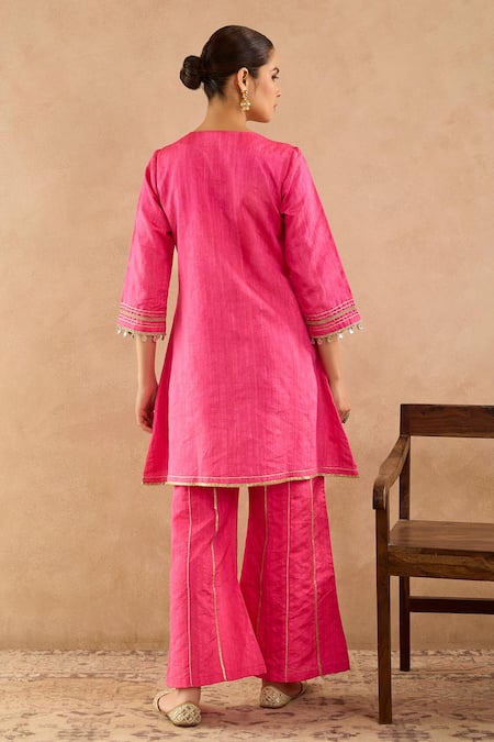 Shop Nero India Pink Silk Embroidery, Gota Patti, Tassels Split Rani Dori Kurta With Palazzo at Aza Fashions Shop_Nero India_Pink Silk Embroidery, Gota Patti, Tassels Split Rani Dori Kurta With Palazzo _at_Aza_Fashions