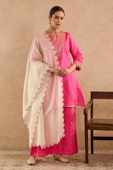 Nero India Pink Silk Embroidery, Gota Patti, Tassels Split Rani Dori Kurta With Palazzo