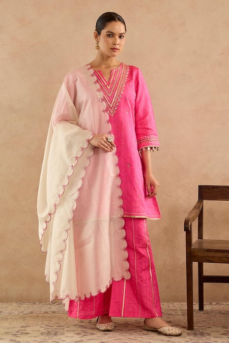 Nero India Pink Silk Embroidery, Gota Patti, Tassels Split Rani Dori Kurta With Palazzo Online at Aza Fashions Nero India_Pink Silk Embroidery, Gota Patti, Tassels Split Rani Dori Kurta With Palazzo _Online_at_Aza_Fashions