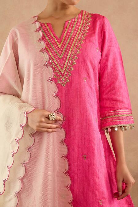 Shop Nero India Pink Silk Embroidery, Gota Patti, Tassels Split Rani Dori Kurta With Palazzo Online at Aza Fashions Shop_Nero India_Pink Silk Embroidery, Gota Patti, Tassels Split Rani Dori Kurta With Palazzo _Online_at_Aza_Fashions