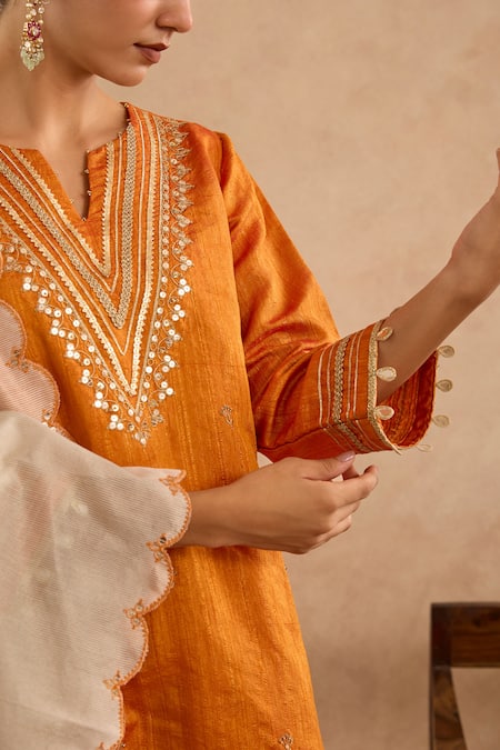 Nero India_Orange Silk Embroidery, Sequins, Gota Patti Split V-neck Dori Kurta With Pant _Online_at_Aza_Fashions