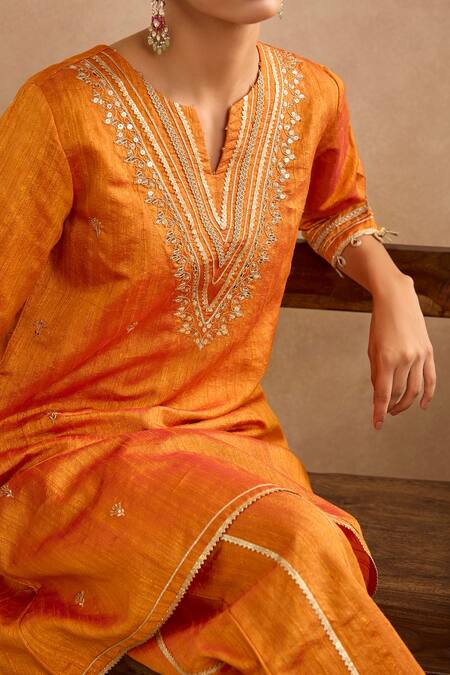 Buy_Nero India_Orange Silk Embroidery, Sequins, Gota Patti Split V-neck Dori Kurta With Pant _Online_at_Aza_Fashions