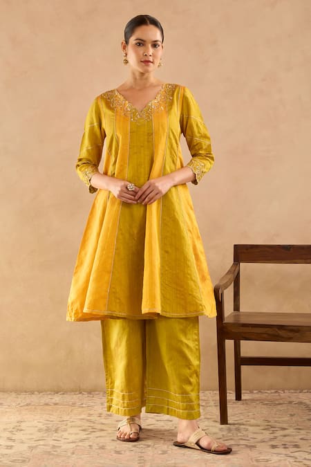 Nero India Yellow Silk Zari, Embroidery V-neck Anarkali With Pant