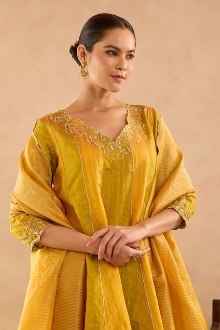 Buy Nero India Yellow Silk Zari, Embroidery V-neck Anarkali With Pant Online at Aza Fashions Buy_Nero India_Yellow Silk Zari, Embroidery V-neck Anarkali With Pant _Online_at_Aza_Fashions