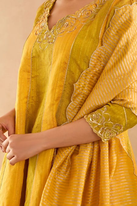 Shop Nero India Yellow Silk Zari, Embroidery V-neck Anarkali With Pant Online at Aza Fashions Shop_Nero India_Yellow Silk Zari, Embroidery V-neck Anarkali With Pant _Online_at_Aza_Fashions