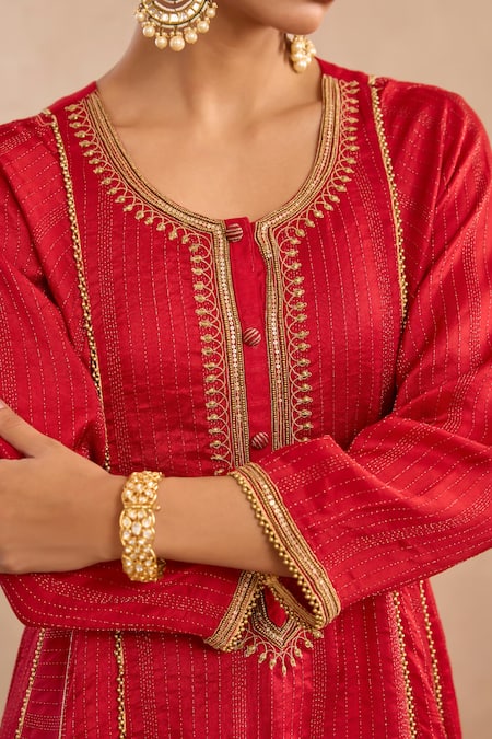 Nero India Red Silk, Silk, Embroidery, Zari Round Neck Anarkali With Pant at Aza Fashions Nero India_Red Silk, Silk, Embroidery, Zari Round Neck Anarkali With Pant _at_Aza_Fashions