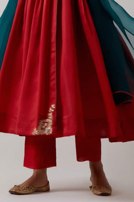 Shop_Vinusto_Red Chanderi Embroidery V-neck Anarkali, Pant And Dupatta Set _Online_at_Aza_Fashions