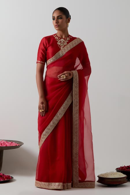 Vinusto_Red Chanderi Embroidery, Lace Round Neck Katan Organza Saree And Blouse _Online_at_Aza_Fashions