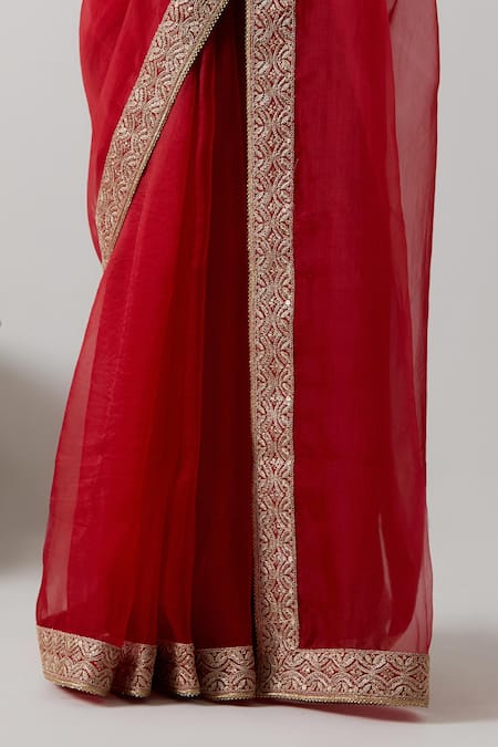 Shop_Vinusto_Red Chanderi Embroidery, Lace Round Neck Katan Organza Saree And Blouse _Online_at_Aza_Fashions