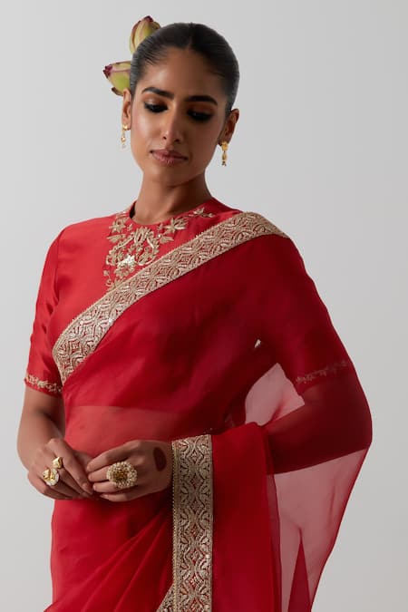 Buy_Vinusto_Red Chanderi Embroidery, Lace Round Neck Katan Organza Saree And Blouse 
