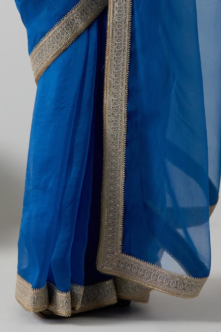 Vinusto_Cobalt Organza, Chanderi Lace, Embroidery Round Katan Saree And Kurti Blouse _Online_at_Aza_Fashions