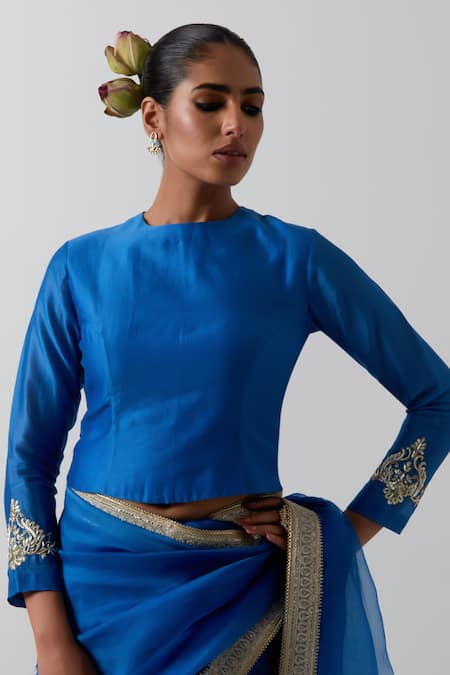 Buy_Vinusto_Cobalt Organza, Chanderi Lace, Embroidery Round Katan Saree And Kurti Blouse _Online_at_Aza_Fashions