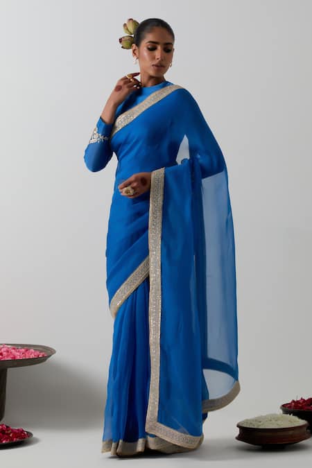 Shop_Vinusto_Cobalt Organza, Chanderi Lace, Embroidery Round Katan Saree And Kurti Blouse _Online_at_Aza_Fashions