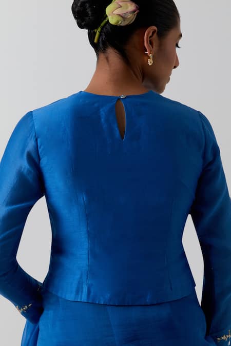 Vinusto_Cobalt Organza, Chanderi Lace, Embroidery Round Katan Saree And Kurti Blouse _at_Aza_Fashions