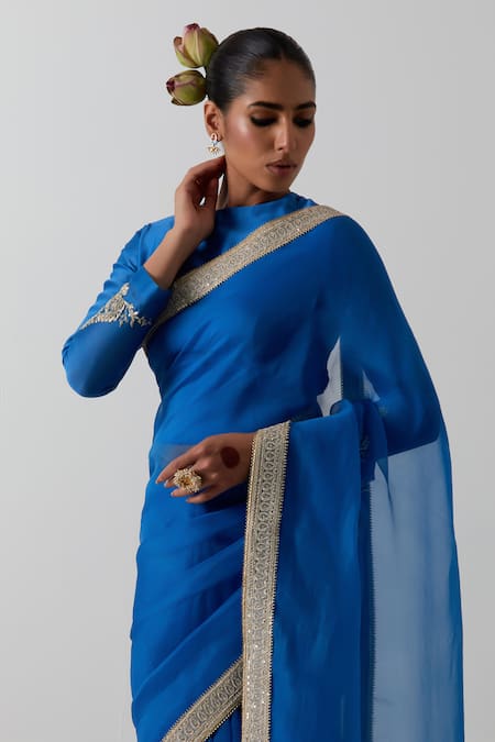 Buy_Vinusto_Cobalt Organza, Chanderi Lace, Embroidery Round Katan Saree And Kurti Blouse 