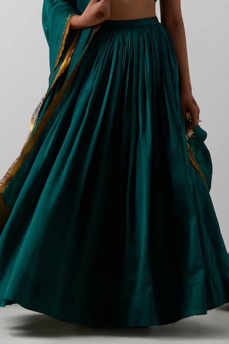 Vinusto_Green Chanderi Embroidery, Fringe Handcrafted Peacock And Floral Lehenga Set _Online_at_Aza_Fashions