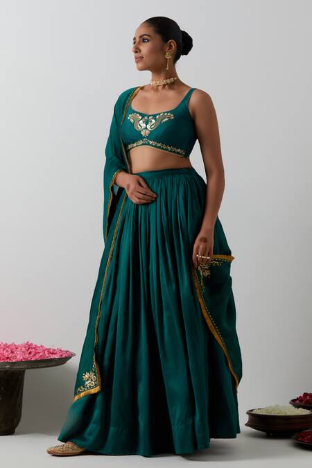 Buy_Vinusto_Green Chanderi Embroidery, Fringe Handcrafted Peacock And Floral Lehenga Set _Online_at_Aza_Fashions