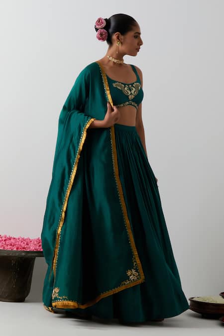 Shop_Vinusto_Green Chanderi Embroidery, Fringe Handcrafted Peacock And Floral Lehenga Set _Online_at_Aza_Fashions